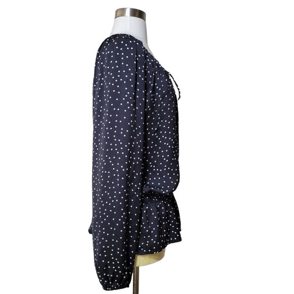 Ellen Tracy Women's Black Polka Dot Smocked Waist Blouse Top Scoop Neck Large - Picture 2 of 10